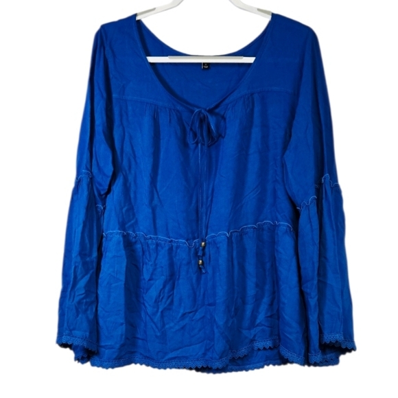 Signature Studio Tops - Signature Studio Plus 1X Royal Blue Bell Sleeve Tie Neck Blouse Bold Flattering